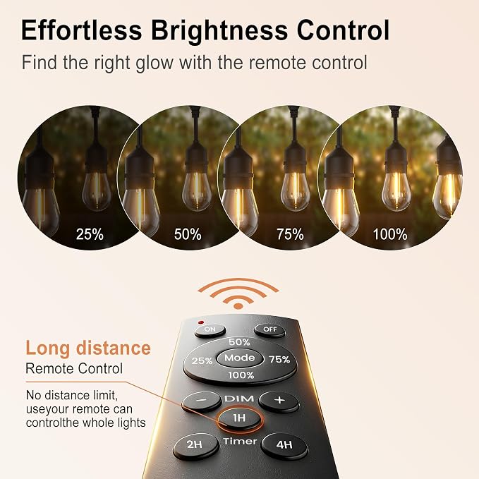 Outdoor String Lights 50FT 34 Bulbs(1.5 FT Apart) Remote lighting for Patio | Waterproof IP65 Connectable Outside Lights with Remote Timer&3 Modes for Commercial Backyard Bistro Garden Market Porch Yard