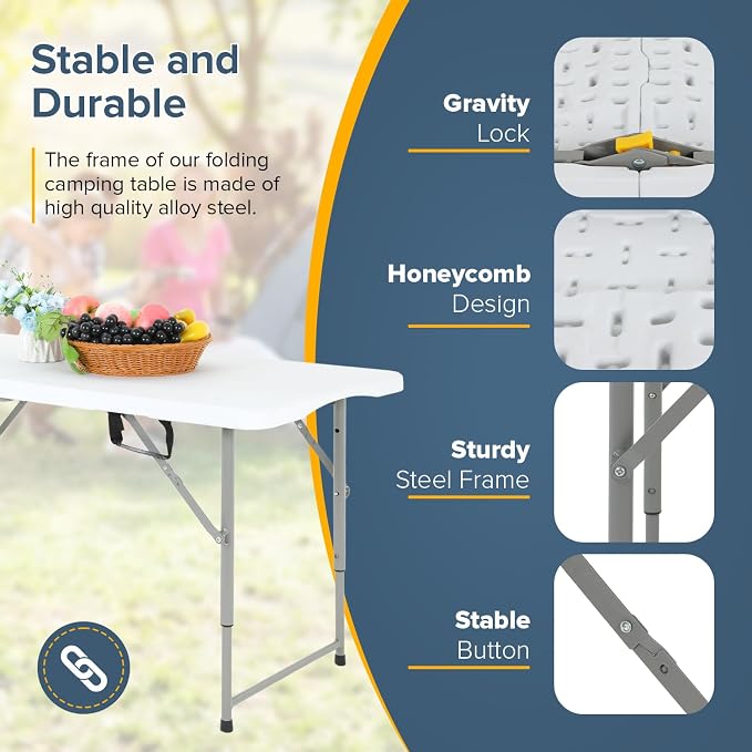 Dopinmin Camping Table 4 FT Foldable Table with Bulid in Handle Plastic Picnic Table,Folding and Portable for Party Dining Picnic Wedding Office,White