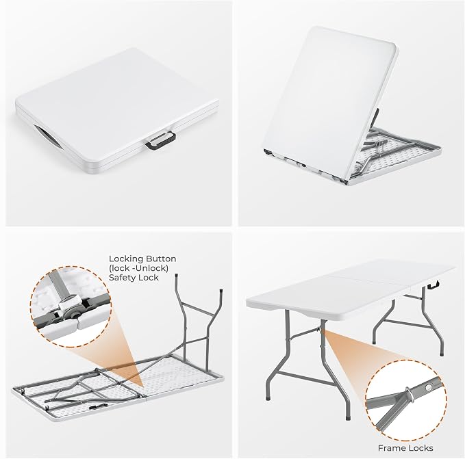 Fenbeli 5FT Folding Table, 350 LBS Heavy Duty with 18% Thicker HDPE Waterproof Top, Fold in Half Portable Table with Handle, Steel Frame for Indoor Outdoor Party, Picnic & Events