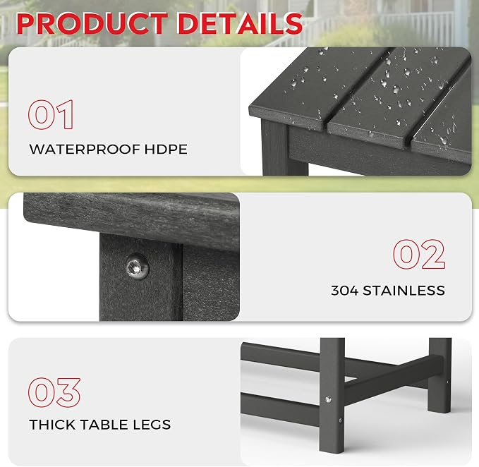 Costaelm Adirondack Conversation Table, HDPE Outdoor Drink Weather Resistant, Outdoor Patio Porch Accent Balcony Table for Pool, Seaside, Backyard, Gray