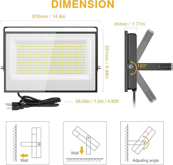 Onforu 300W Flood Lights Outdoor,30000lm Bright LED Work Light with Plug,Daylight White LED Stadium Lighrs,IP66 Waterproof Security Yard Lights for Yard Garage Stadium 2 Pack