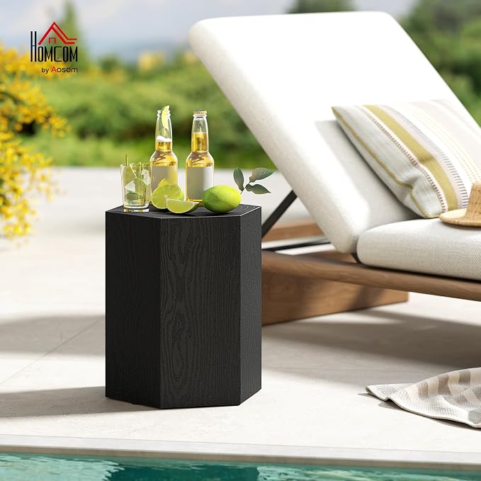 HOMCOM Concrete Finish Side Table, Lightweight Accent Table, 17" Patio Hexagonal Stump End Table with 4 Adjustable Feet for Indoor, Outdoor, Black Wood Grain