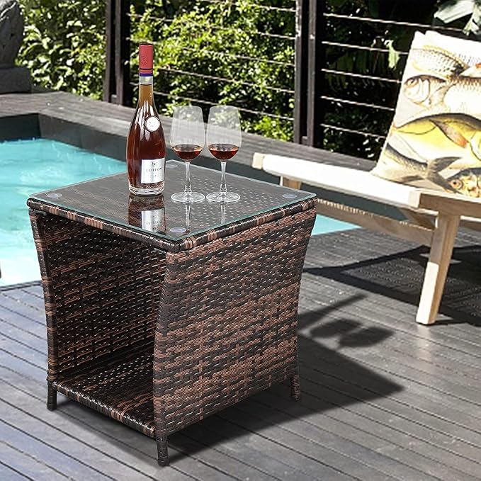 Wicker Rattan Side Table, Outdoor Square Rattan Coffee Table End Table Patio Wicker Table with Tempered Glass Top and Storage for Garden Porch Deck Backyard (Brown)