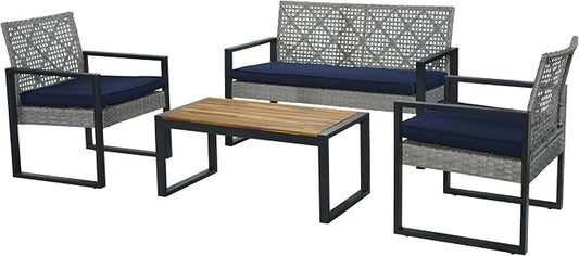 BEEFURNI Wicker Patio Furniture Outdoor Conversation Set of 4, Rattan Outdoor Furniture Set, Acacia Wood Table, 2 Chairs, 1 Loveseat, 2” Cushions, All Weather Set for Patio, Porch, Balcony (Gray)