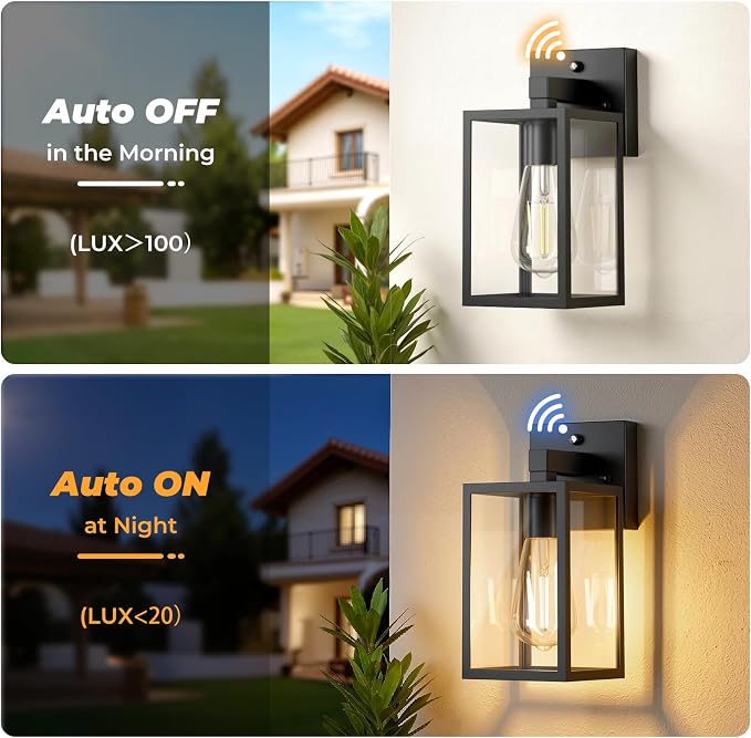 FOLKSMATE 2 Pack Dusk to Dawn Outdoor Wall Light Fixtures, Exterior Porch Light, Waterproof Wall Sconces Lanterns, Sensor Lighting Wall Mount for House Doorway Garage, Black
