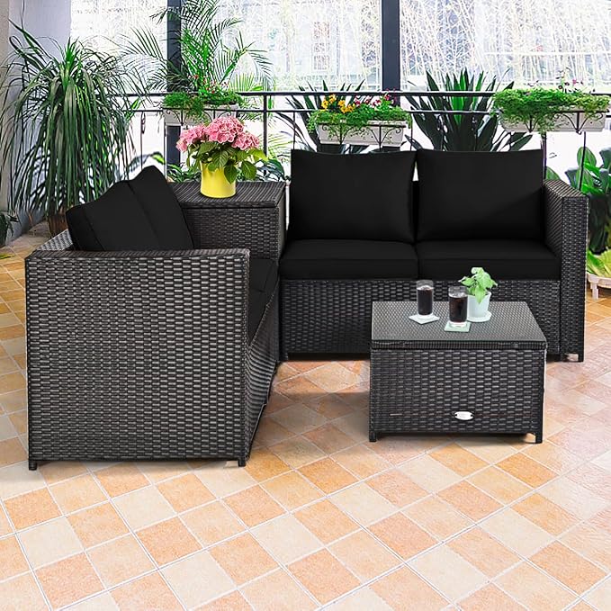 HAPPYGRILL 4 Pieces PE Rattan Wicker Conversation Set Outdoor Patio Furniture Sofa Set with Storage Box and Tempered Glass Coffee Table for Backyard Garden Porch