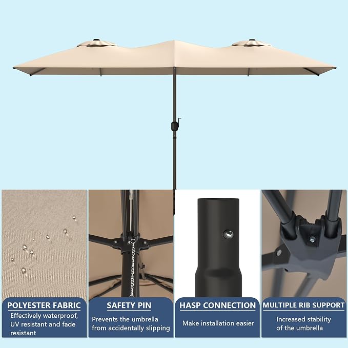 Gotland 7 Piece Outdoor Dining Table and Chairs for 6 with 14Ft Double-Sided Umbrella, Patio Swivel Dining Chairs for 6, Rectangular Patio Dining Table with Umbrella Hole Outdoor Patio Set