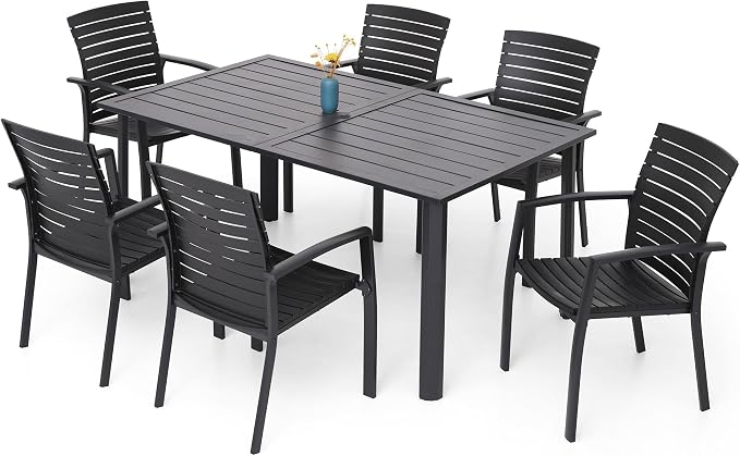 7 Piece Patio 29" Heigh Rectangular Table and Aluminum Chairs Dining Set | Aluminum Frame Chairs, Resin Chair Seat, Resin Chair Back, 6 Piece Stackable Chairs, 1 Piece Black Metal Table, 6 Person Set