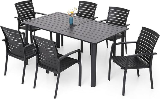 7 Piece Patio 29" Heigh Rectangular Table and Aluminum Chairs Dining Set | Aluminum Frame Chairs, Resin Chair Seat, Resin Chair Back, 6 Piece Stackable Chairs, 1 Piece Black Metal Table, 6 Person Set