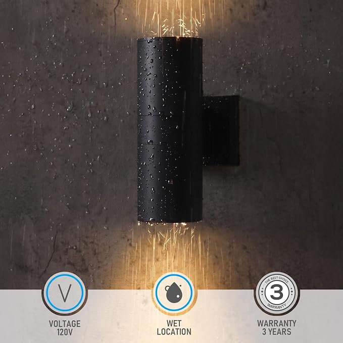 LEONLITE 2-Pack 12" Outdoor Cylinder Wall Light, Up and Down, E26 Base | Modern Porch Patio Lights, Waterproof Wall Sconce, Exterior Light Fixture Wall Mount, Aluminum, Matte Black, ETL Listed
