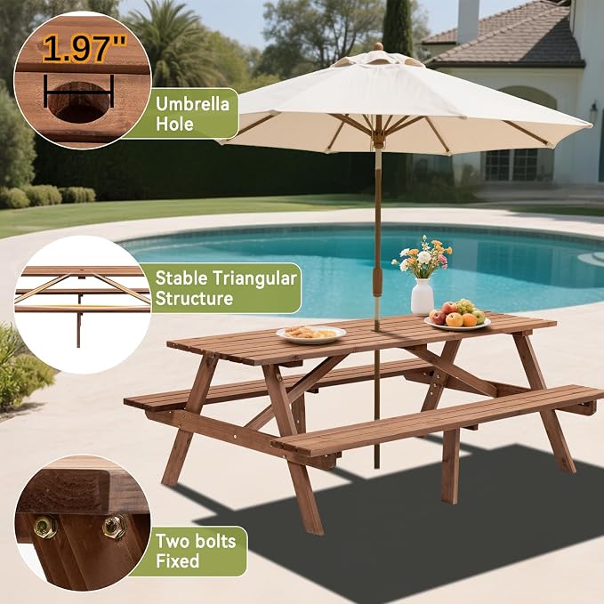 75" Rectangular Picnic Table for Outdoors,8 Person Wooden Picnic Tables,Outdoor Camping Dining Tables with 2 Seats DIY with 2 Built-in Benches for Garden Courtyard BBQ,2220lb Capacity,Brown