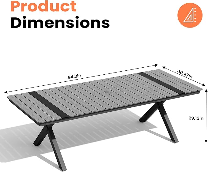 Pellebant 94" Outdoor Dining Table for 8-10, 8ft Aluminum Patio Table with Umbrella Hole, Weather Resistant Grey Wood Grain Tabletop and Sturdy Frame for Deck, Porch, Backyard
