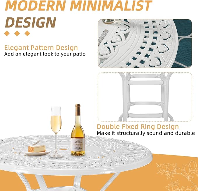 Cast Aluminum Patio Bar Table, 38.5" Outdoor Bar Height Bistro Table with 2" Umbrella Hole, Patio Bistro Round High Top Dining Table Pub Table for Porch Balcony Backyard, White