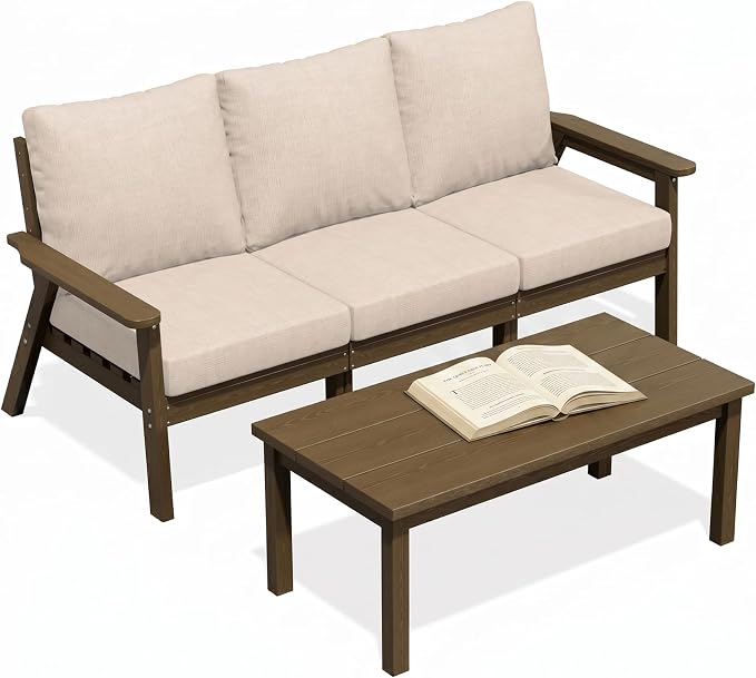 PLUUV 4-Piece HDPE Patio Sofa Set, All-Weather Outdoor Sectional Furniture with Thick Cushions, Modular Couch Set for Deck, Lawn, Brown Frame with Khaki Cushion