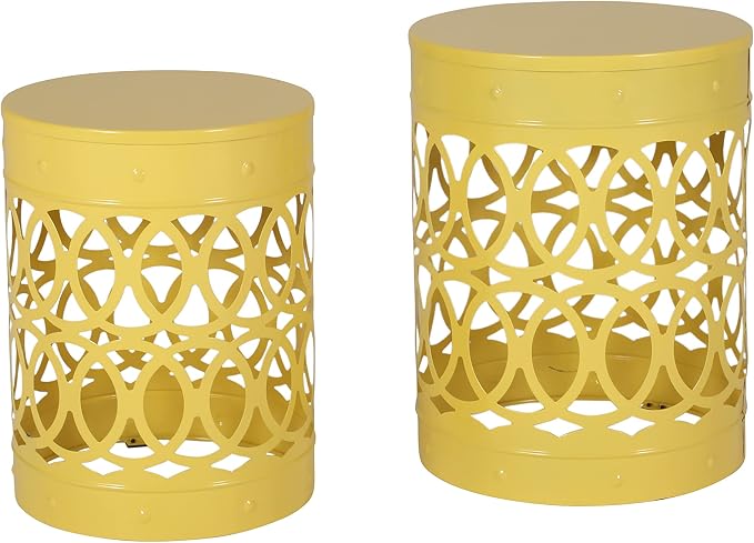 Set of 2 Yellow Metal Outdoor Side Tables, Round Patio End Tables, Weather Resistant Accent Stools, Geometric Cutout Design, Indoor & Outdoor Decorative Tables for Garden, Balcony, Living Room