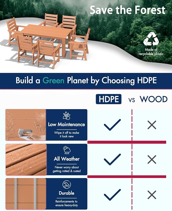 BRIOPAWS Outdoor Dining Table | HDPE | 67” Patio Rectangle Tables | All Weather | Umbrella Hole | Patio Furniture Set for 4-6 Person | Teak