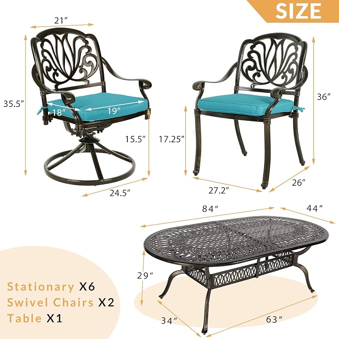 9-Piece Patio Dining Set, Outdoor Patio Table and Chair Set of 84” Oval Cast Aluminum Dining Table with Umbrella Hole, 6 Stationary, 2 Swivel Rocker Chairs, Patio Funiture Set, Blue