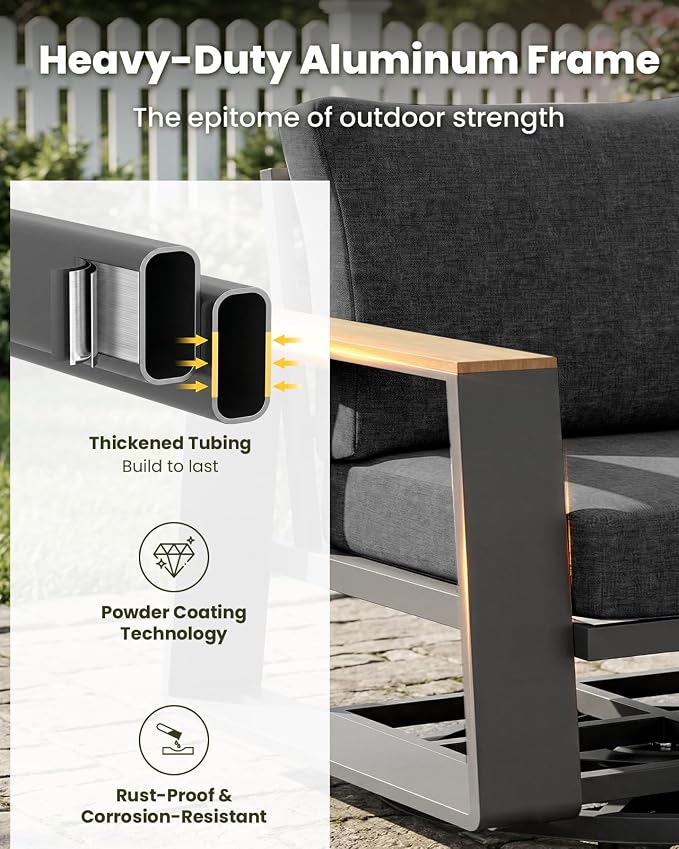 Aluminum Outdoor Patio Furniture Set, 4-Piece Patio Conversation Set with 5" Thick Cushions, Aluminum 360-Degree Large Outdoor Furntiure Set with Side Table and 3-Seat Sofa, Graphite