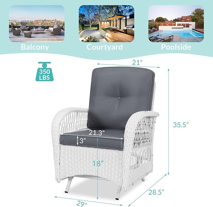 MEETWARM Patio Wicker Rocking Glider Set, All-Weather Outdoor Rattan Patio Rocking Chairs of 2, Patio Conversation Set with Thickened Cushions for Garden Porch & Backyard, White Wicker/Grey