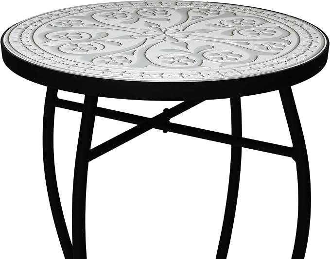 White Embossed Floral Mosaic Round Side Table, Vintage Patio End Table with Curved Black Wrought Iron Legs, Weather Resistant Small Accent Table for Balcony Backyard Porch Living Room