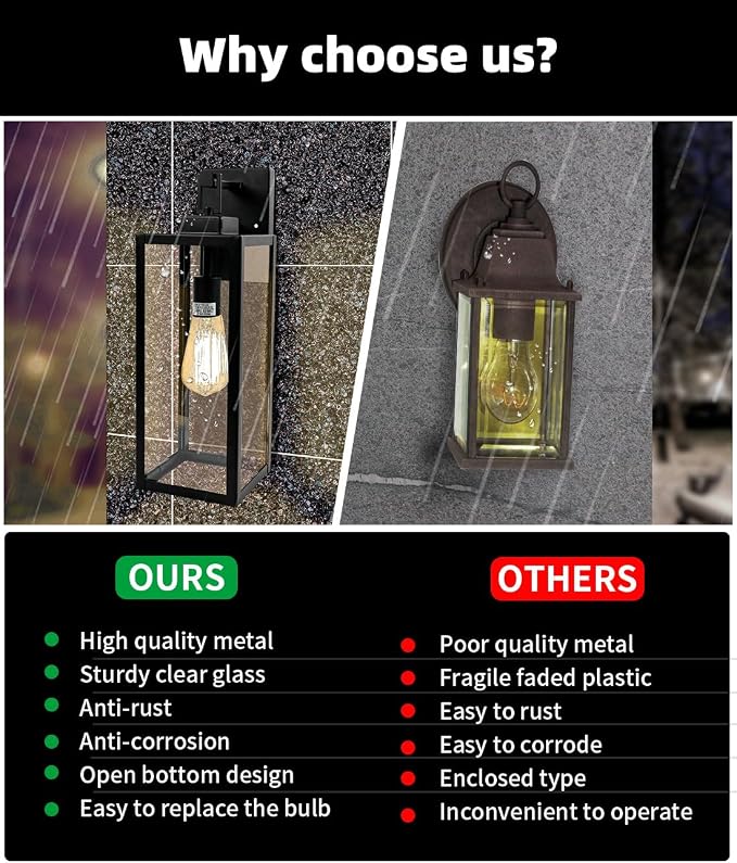 2 Pack Large Outdoor Wall Sconce, 18 Inch Black Wall Lantern Large Size Porch Light for House Outside Wall Light Fixture for Garage, Patio Light with with Glass Shade, E26 Socket