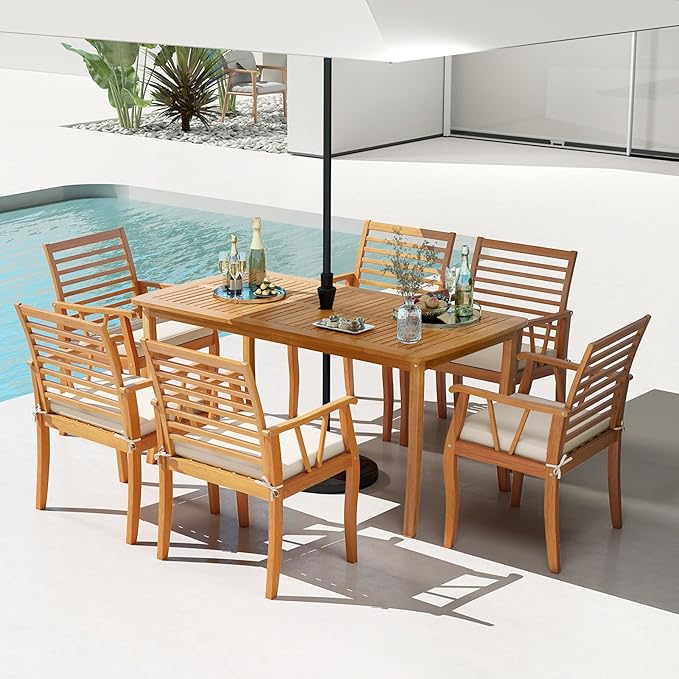 Tangkula 63-Inch Acacia Wood Outdoor Dining Table, 4-6 People Rectangle Patio Table with Umbrella Hole & Slatted Tabletop, Outside Table for Backyard, Garden, Porch, Deck