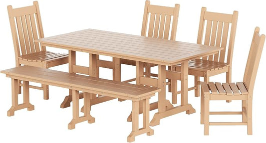WestinTrends Malibu 6 Piece Outdoor Dining Set with Bench, All Weather Poly Lumber Patio Table and Chairs Set, 71" Trestle Dining Table with Umbrella Hole, 5 Patio Chairs with Bench, Teak