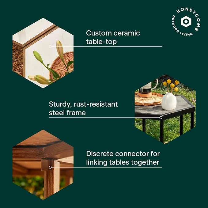 Honeycomb Indoor/Outdoor Omni Table: Weather, Rust, Heat, and Stain Resistant, Flexible Design to Stand Alone or be Combined, Stylish Yet Sturdy, Woodgrain Tile Top, Steel Frame with Ebony Finish