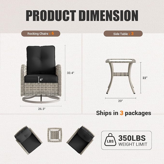 9-Piece Patio Rocking Swivel Chair Outdoor Wicker Rattan Bistro Set with Tempered Glass Side Table, Outdoor Patio Furniture Set for Garden, Deck, and Balcony, Dark Grey