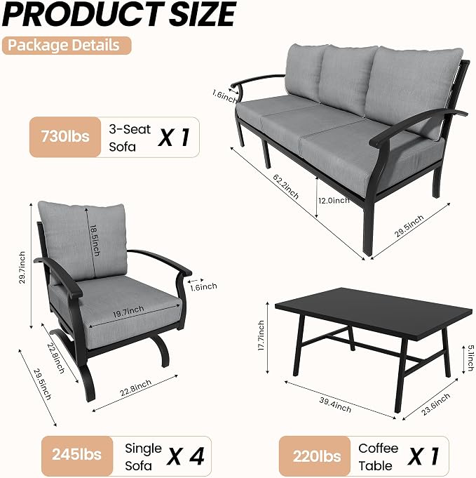 Metal Patio Furniture Set,6 Pieces 7 Seats Patio Sectional Outdoor Furniture Set with Rectangular Coffee Table,Patio Conversation Sets with 5.1" Thickened Cushions,Grey