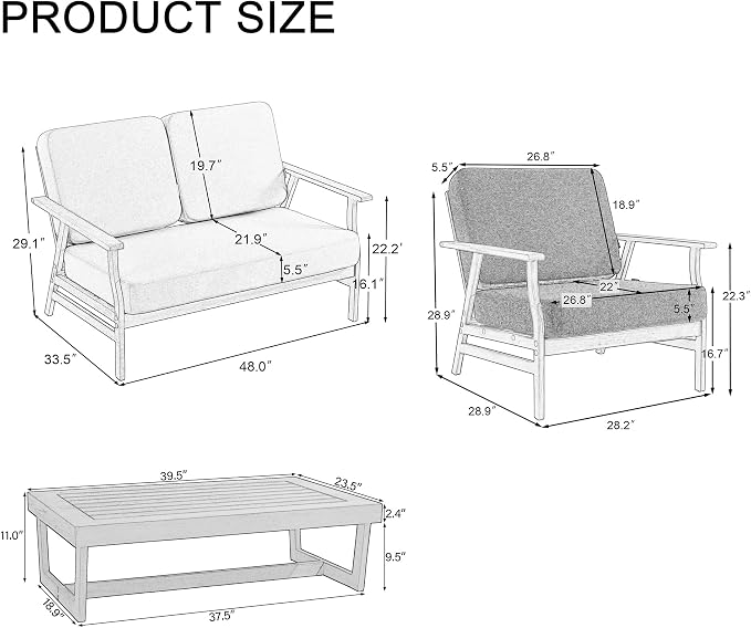4 Pieces Patio Furniture Sets, Black Wood Outdoor Sectional Furniture with Coffee Table, 4 Seats Patio Sofa Couch Conversation Set for Backyard Deck - Gray