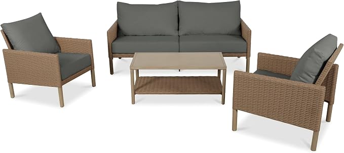 4-Piece Wicker Patio Furniture Set, Outdoor Conversation Set with Coffee Table and Removable Thickened Cushions, Modern Sectional Sofa for Backyard, Garden & Lawn, Grey