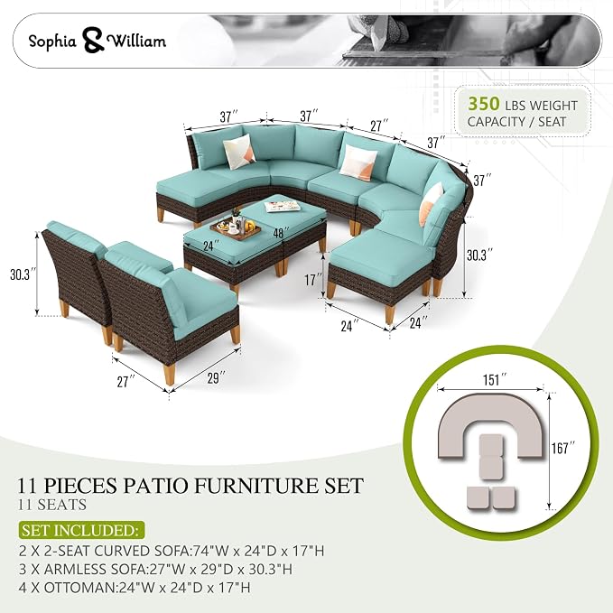 Sophia & William Outdoor Wicker Sectional Sofa Set, 11 Piece Half Moon Curved Patio Furniture Modern Round Outdoor Couch Conversation Set with Ottoman for Backyard, Pool, Garden(Aqua Blue)