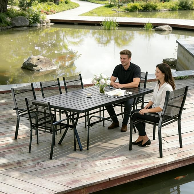 9 Pieces Outdoor Dining Table 76"x36"+ 8 Patio Dining Chair Set, Rectangle Patio Dining Table and Chairs with Stable Metal Frame for Garden, Backyard, Umbrella Hole Design, Suitable for 8 People