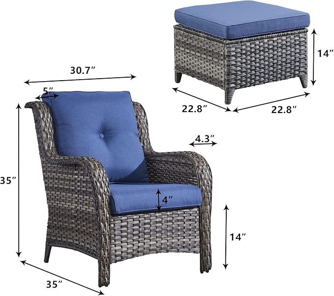 Rilyson Luxury 4 Pieces Patio Wicker Furniture Ottomans, Wicker Patio Chairs Set of 2 with Ottoman, Rattan Outdoor Porch Chair with Thick Cushion for Balcony Deck Yard and Porch (Grey/Blue)