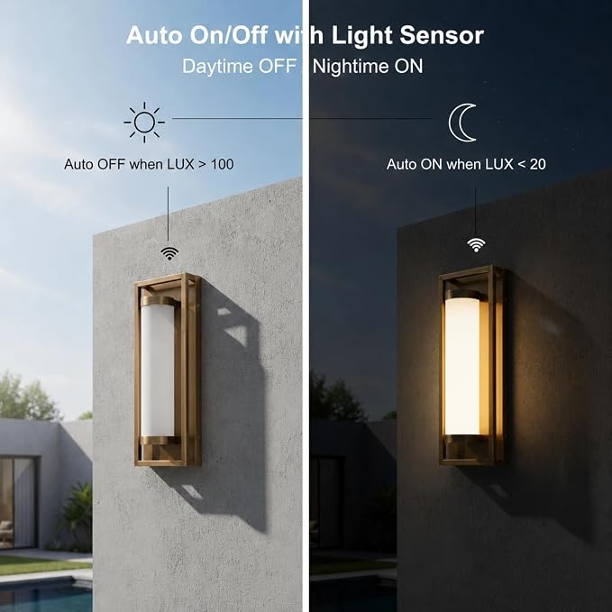 Hyunbae Modern LED Dusk to Dawn Outdoor Wall Sconce, Brushed Antique Brass | Photocell Sensor, 15W Dimmable Porch Light, 16" Exterior Sconce for House, Garage Patio Entryway Use, 3000K Warm White
