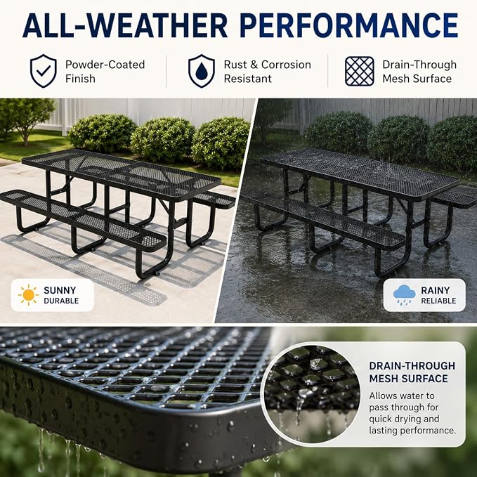 8 FT Heavy Duty Outdoor Metal Picnic Table with Umbrella Hole, Commercial Grade Steel Picnic Table with Benches, Seats 8-10 Adults, Weather Resistant for Backyard, Park, School & Campground
