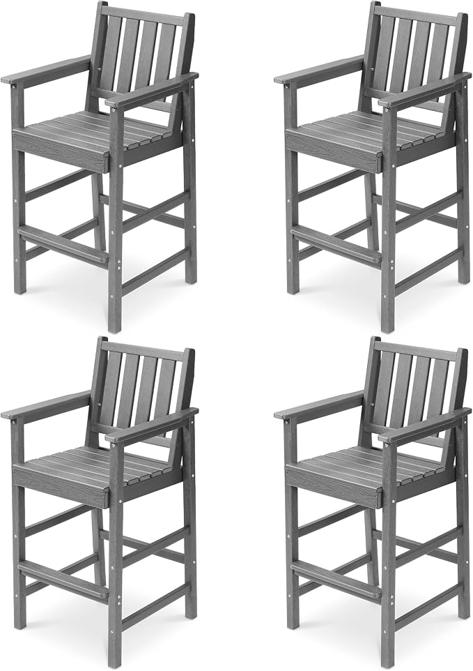 Adirondack Chairs Set of 4, All Weather HDPE Counter Height Bar Chair with Wide Armrests & Footrest, Heavy-Duty Outdoor Bar Height Barstools Set for Patio, Balcony, Pool, Backyard, Grey