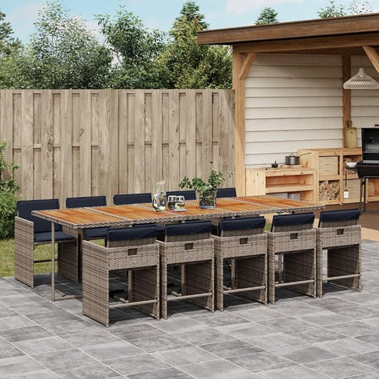 11 Piece Patio Dining Set with Cushions Gray Poly Rattan Outdoor Furniture Table and 10 Chairs for Backyard Garden Deck Dining Relaxing UV-Proof Acacia Wood Foldable heavy-duty 242. 5 lb Capacity