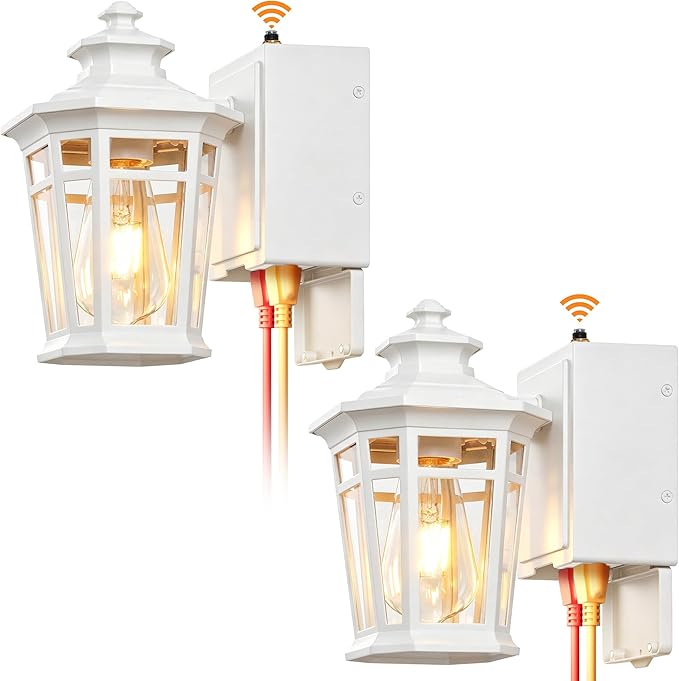 Gleamz Outdoor Wall Lights with GFCI Outlet, White 2-Pack Exterior Lighting Fixtures with Dusk to Dawn Sensor, Porch Light with Outlet Wall Mount, Waterproof Front Door Light Fixture Outdoor