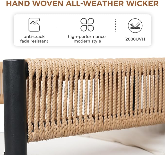Grand patio 5 PCS Outdoor Dining Set, Metal Woven Wicker Swivel Patio Chairs with Thickened Cushions & 1 Square Woodgrain Dining Table with Umbrella Hole for Backyard Deck (Natural)