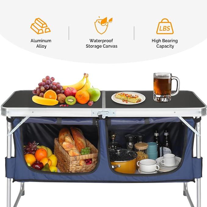 VINGLI 4 Ft Folding Camping Table with Storage, Aluminum Picnic Table, Adjustable Height for Outdoor Beach BBQ Backyards Travel Party Black