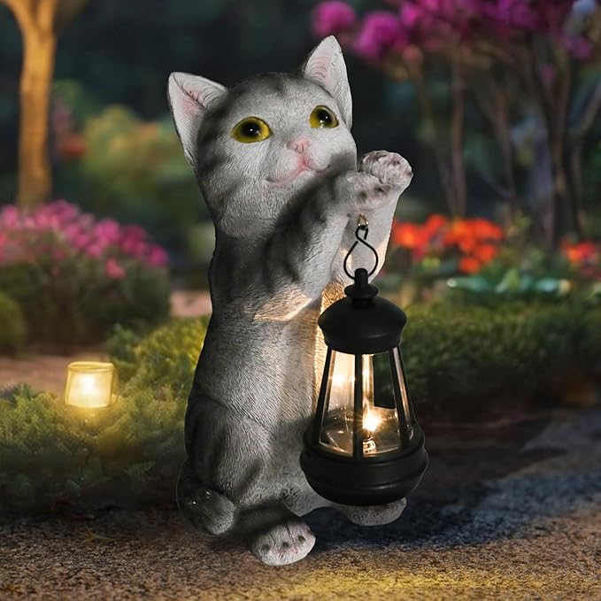 Cat Solar Lights Outdoor Garden, Cat Statue with Lantern for Cat Lover Gift | Cat Solar Lantern Garden Statue, Cat Fugurines Yard Art Lawn Ornaments Porch Patio Home Decor Gardening Gifts for Grandma Mom