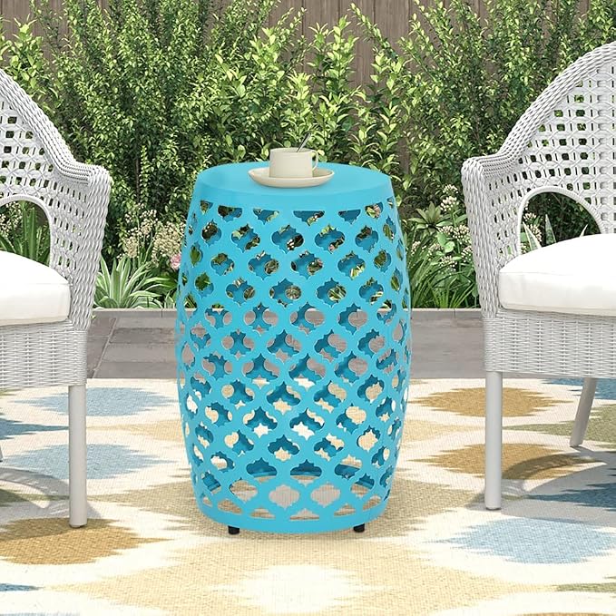 Round Patio Outdoor Indoor Drum Steel Side Table, Patio Garden Table, Coffee End Table Nightstand for Small Spaces, Teal