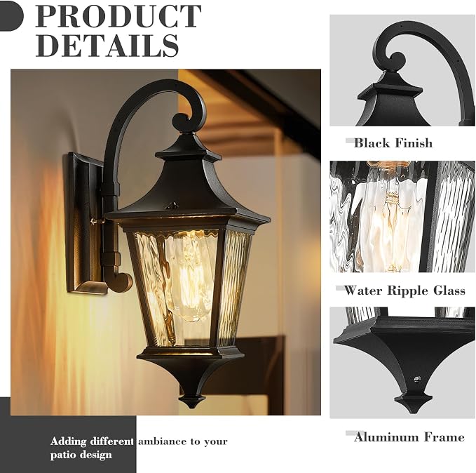 Emliviar 15 Inch Outdoor Wall Lantern Light, Porch Light for House, Hallway and Entryway, Black Finish with Water Ripple Glass, XE292B-SW BK