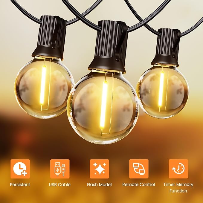 OHLUX 35FT Solar String Lights Outdoor, Waterproof Solar Patio Lights with Remote, 17 Shatterproof LED Filament G40 Globe Bulbs, 2200K Soft White, Dimmable Outside Hanging Light for Backyard Deck