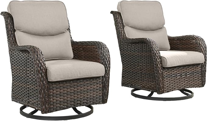 Rilyson Wicker Rocking Chair Swivel Chairs - 2 Piece Rocker Patio Chairs Set Rattan Rocking Chair for Outdoor Porch Deck Garden Backyard (Brown/Beige/Smile)