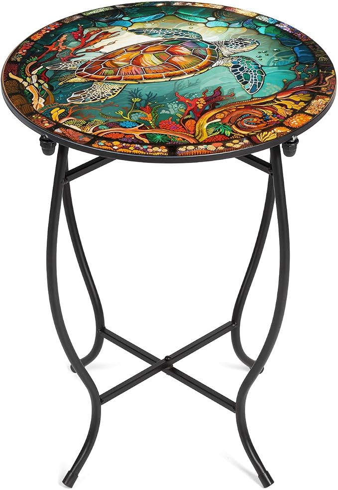 Metal Round Side Table, 14" Diameter Indoor Outdoor Side Table, Weather Resistant Patio Table for Porch Yard Balcony, Easy Assembly