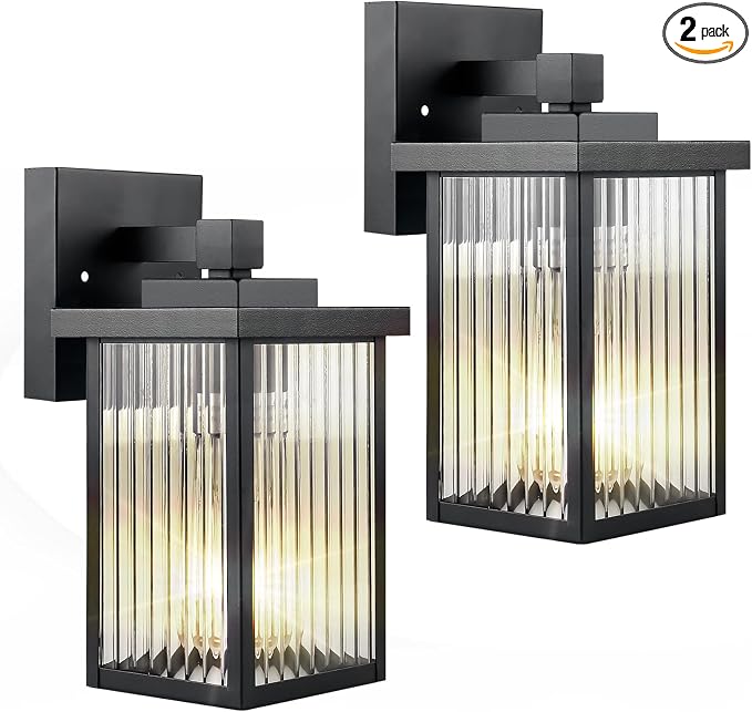 2 Pack Matte Black Porch Light, Rust-Resistant Outdoor Wall Light | Corrosion-Resistant Metal, Textured Glass Cuts Glare, Easy DIY Install on Porch, Garage