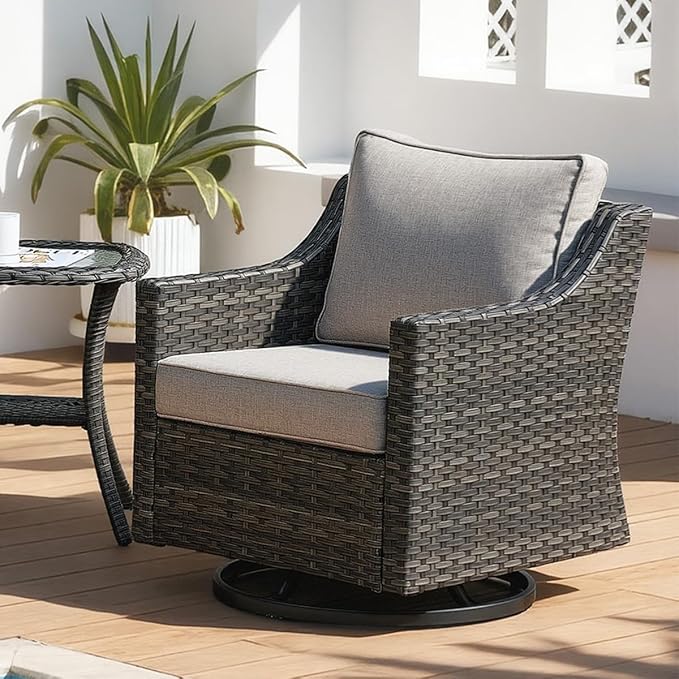 Luxury Outdoor Swivel Rocking Chair, Easy Assembly Patio Rocker for Porch Deck Balcony Yard Poolside in Gray Wicker and Beige Cushion